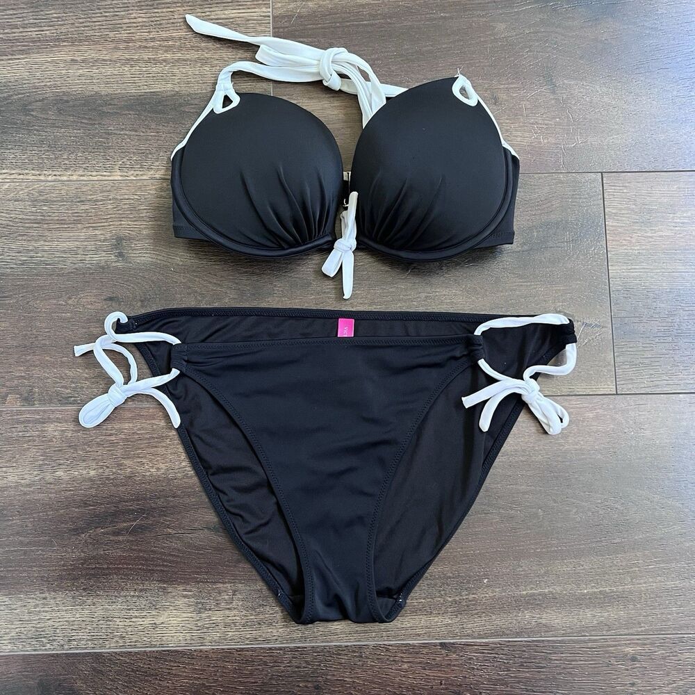 Vintage Victoria's Secret Black White Bombshell Bikini Set  Size Large 32DD